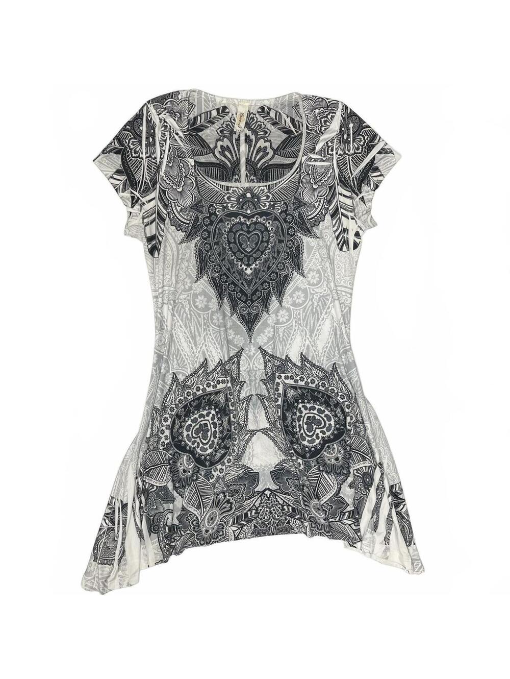 Vintage Love-J USA Paisley Print Short Sleeve Asymmetrical Mini Dress Sz M Boho
